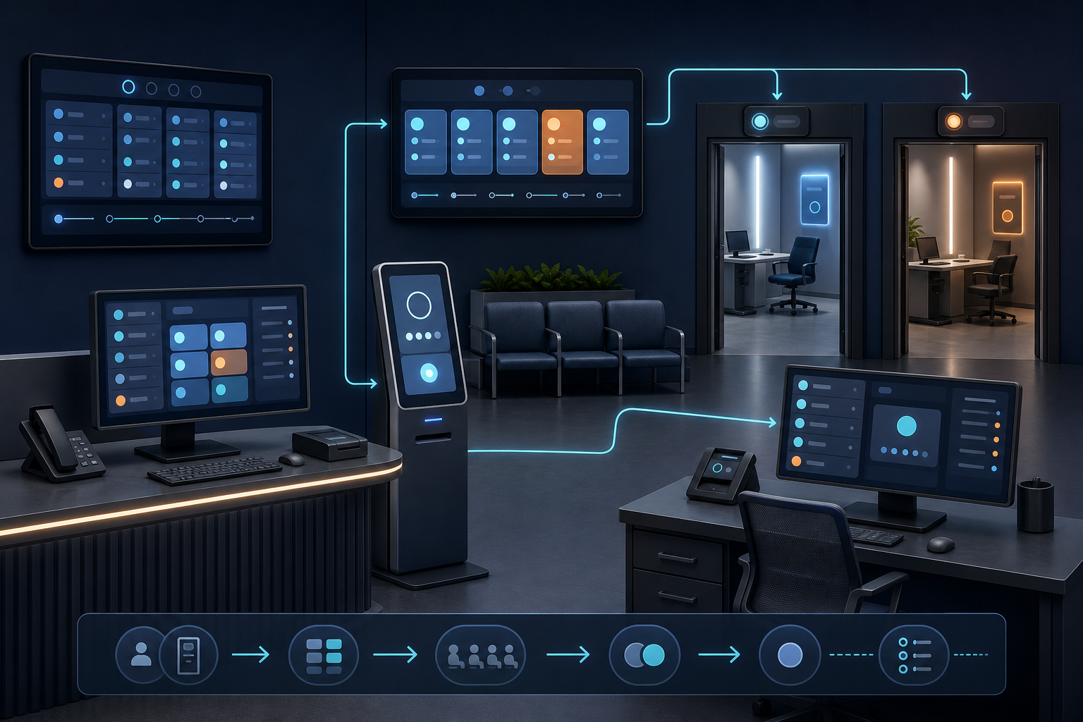 AI-assisted system visualization of hospital reception, token flow, waiting-area coordination and consultation rooms