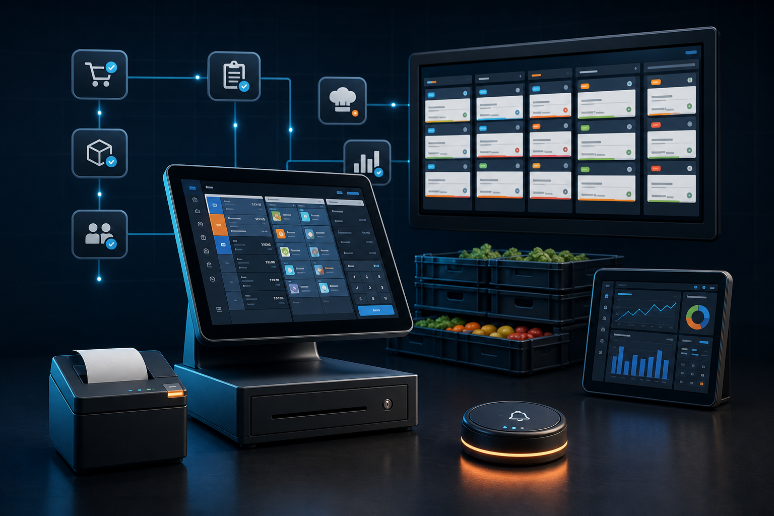 AI-assisted system visualization of the Restaurant Operations Suite connecting point of sale, kitchen workflow, inventory and reporting