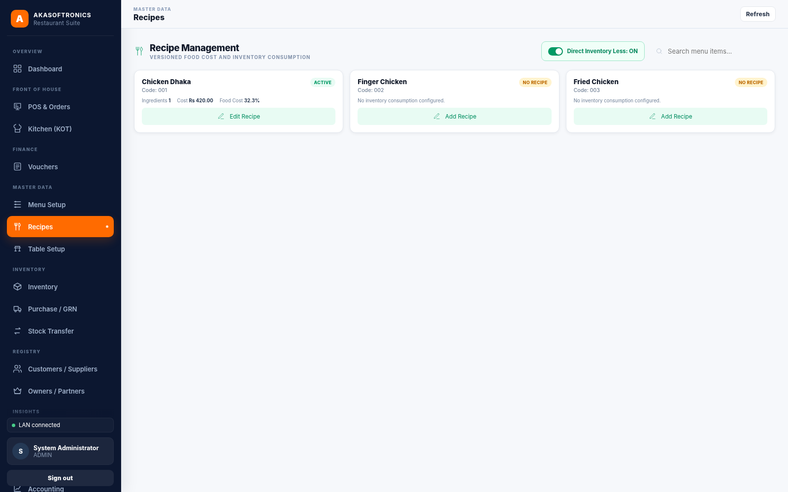 AKASOFTRONICS Restaurant Operations Suite recipe-management interface