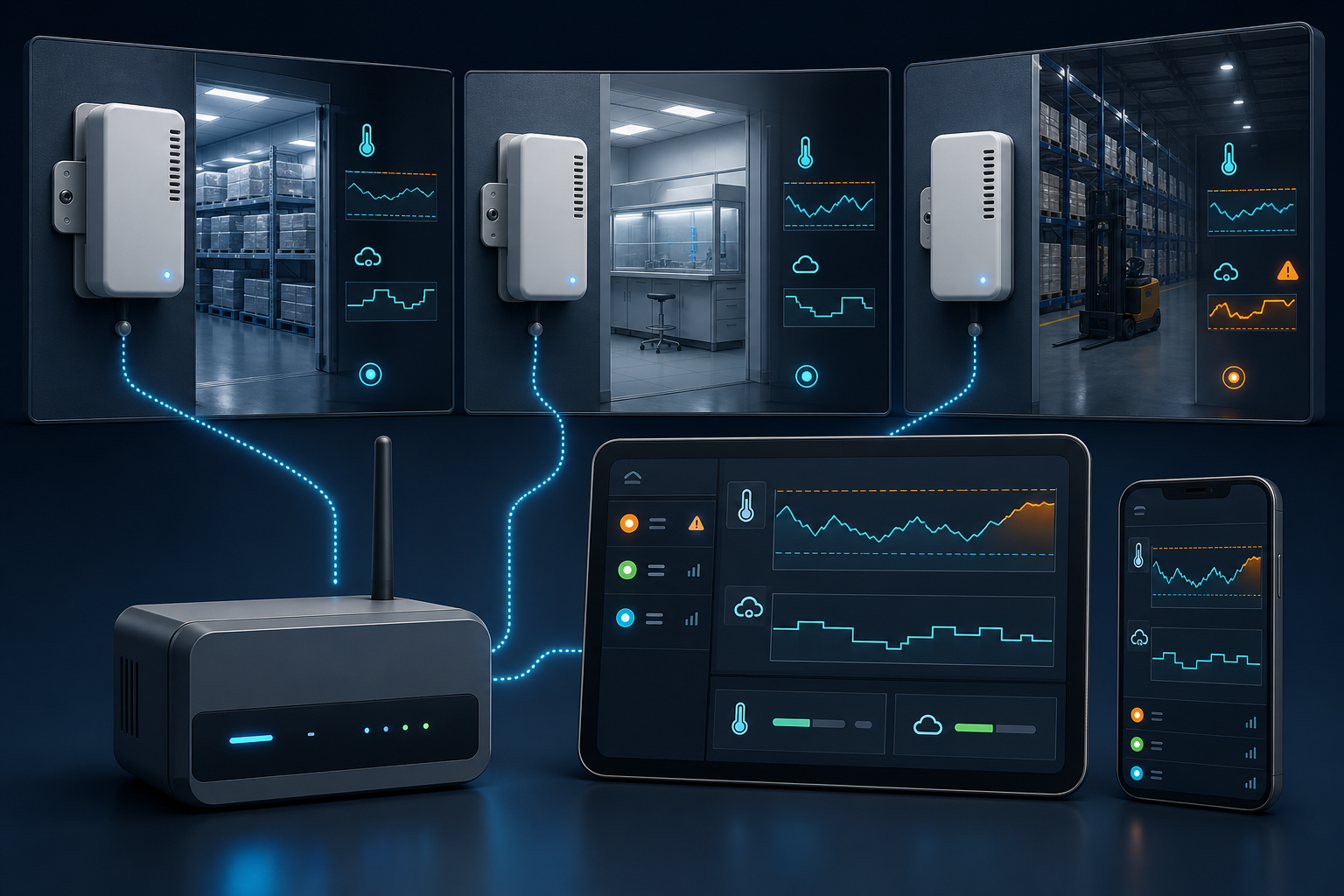 AI-assisted system visualization of multiple environmental sensor locations, a data logger and threshold-monitoring dashboards