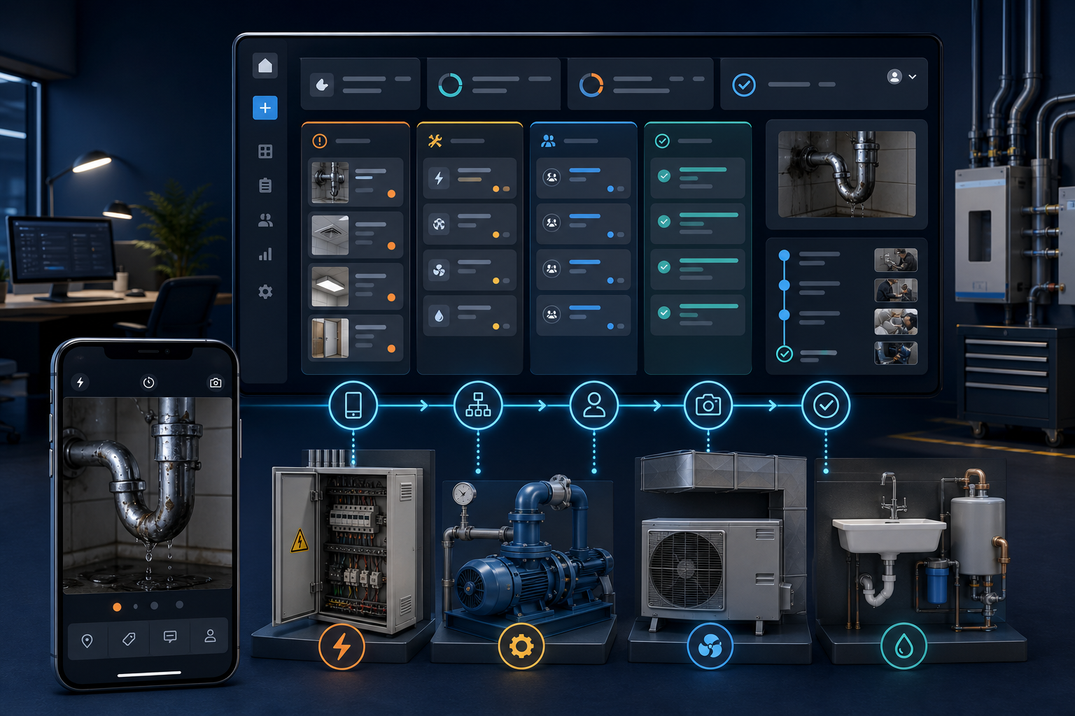 AI-assisted system visualization of facility issue capture, department routing, field evidence and accountable completion workflows