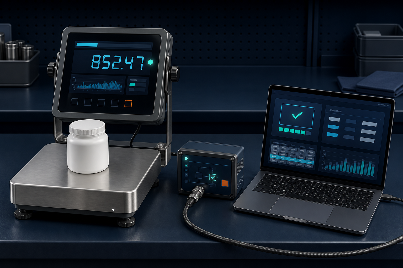 AI-assisted system visualization of an industrial scale, stable measurement interface and controlled data transfer to a computer