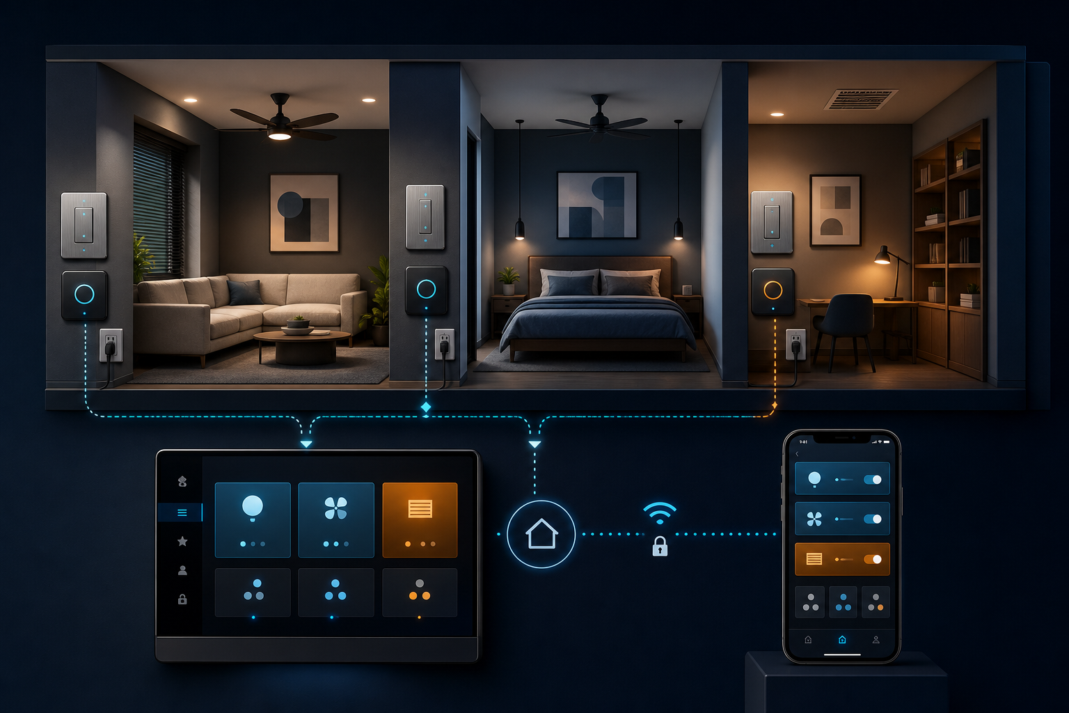 AI-assisted system visualization of synchronized room controls, physical switches and local and remote building dashboards