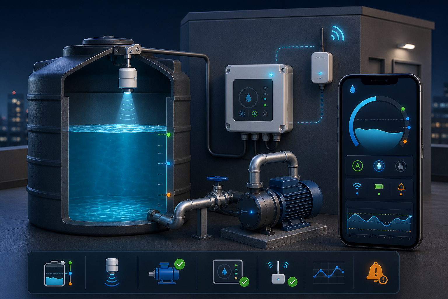 AI-assisted system visualization of a monitored water tank, level sensor, pump controller and mobile status dashboard